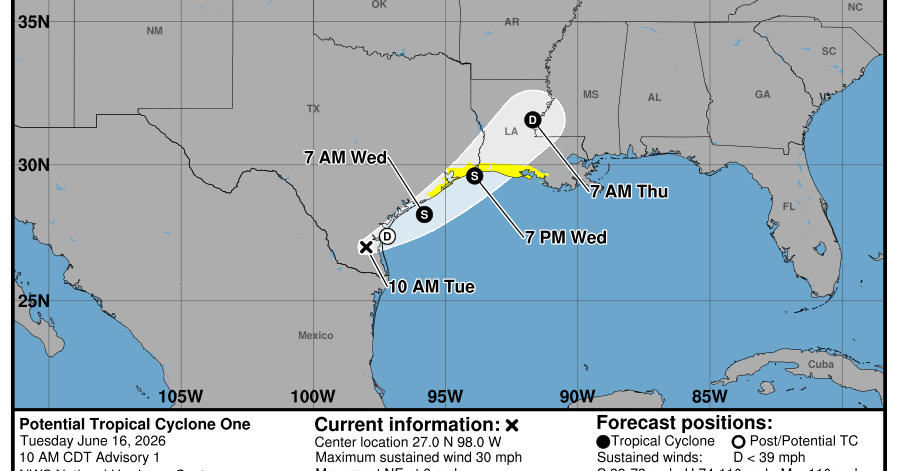 Gulf disturbance expected to make landfall near LA-TX line as Tropical Storm Arthur, NHC says Image